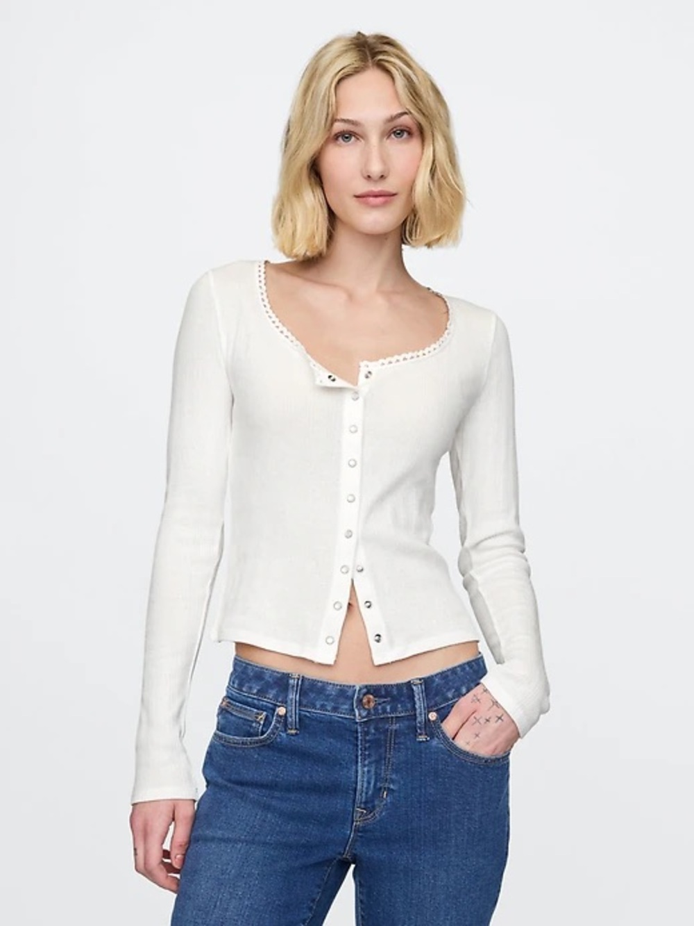 GAP White Pointelle Scoop-Neck Snap Cardigan -  Size Large NWOT